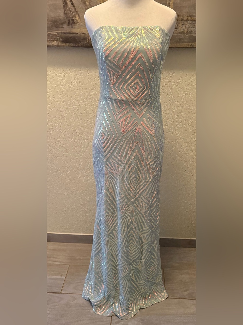 Speechless Iridescent Light Blue Sequin Strapless Gown